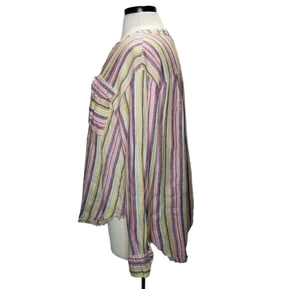 Elan Popover Top Large 100% Linen Striped Long Sleeve Split V Neck - Picture 2 of 10